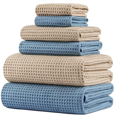POLYTE 430 GSM Microfiber Quick Dry Lint Free Oversize Bath Towel Set, 6 Piece (Waffle Weave) - color: Beige,blue