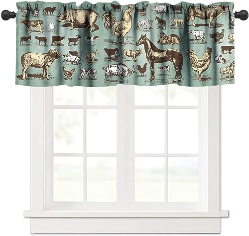Vintage Farm Animals Valance, Retro Livestock Cow Pig Chicken Rooster Print Rod Pocket Kitchen Curtain Valance for for Bathroom Bedroom, 54x18in - color: Farmhouse Animal-12