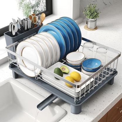 SNTD Dish Drying Rack - Small Dish Rack for Kitchen Counter, Stainless Steel Dish Drainer with Utensil Holder and Drainboard, 12.9" W x 16.9" L (Silver) - color: Silver, size: 12.9" W x 16.9" L