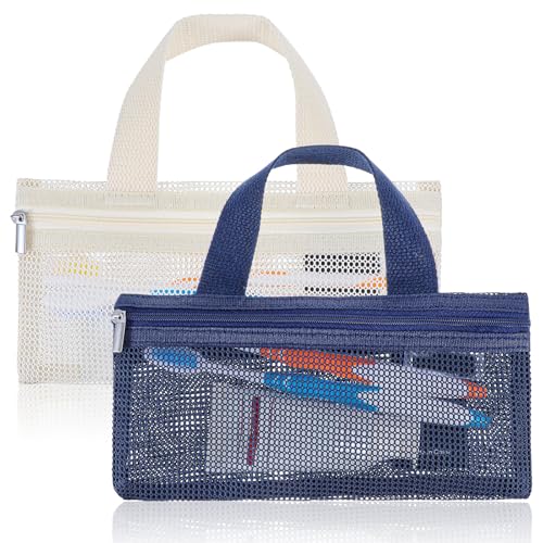 2 Pcs Toothbrush Pouch,Portable Travel Toothbrush Bag,Mesh Toothbrushs Pouch for Men and Women,Square Mesh Storage Bags with Zipper(White and navy)