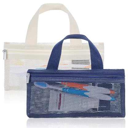 2 Pcs Toothbrush Pouch,Portable Travel Toothbrush Bag,Mesh Toothbrushs Pouch for Men and Women,Square Mesh Storage Bags with Zipper(White and navy)