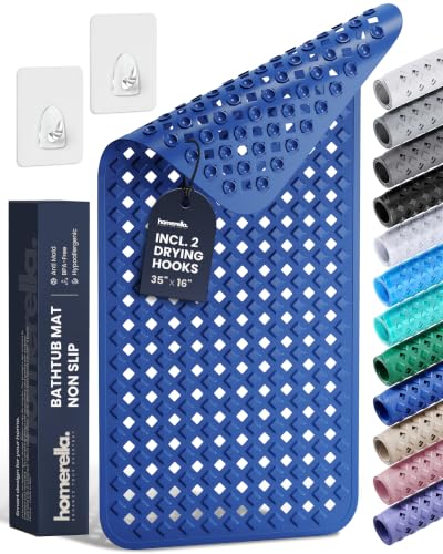 Bathtub Mat Non Slip 35x16 - homerella® Bath Mat Incl. Hooks for Drying, Extra Long, 100% BPA Free, Shower Mat Non Slip Anti Mold, Machine Washable, Shower Mats for Inside Shower Mildew Resistant - color: Royal Blue, size: 34.5" x 15.5" (Rectangular)