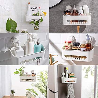 TAILI Strong Vacuum Suction Cup Bath Corner Shower Caddy Storage Basket + 4 Extra Hooks, No Drill Bathroom Shelves for Kitchen Bedroom Organizer Set, White in Plastic - style: 6 pack