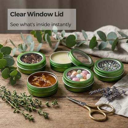 2 oz (60ml) Green Aluminum Tins with Clear Lids and Labels, 24 Pack | Clear View Lid, Secure Packaging, Tight Screw Lids, Includes Blank Labels, 11 Color Options - color: Green