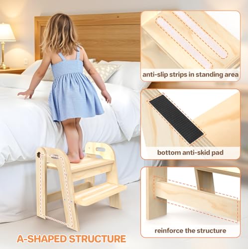 Wooden Toddler Step Stool, Foldable 2-Step Stool for Kids Bathroom Sink, Toilet Potty Training with Handles, Anti-Slip for Kitchen, Nursery, Bedroom(16.9 Wide)