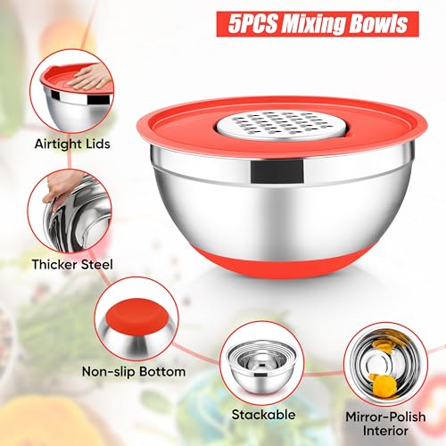 E-far Stainless Steel Mixing Bowls with Lids Set, 5-Piece Nesting Salad Bowls with 3 Grater Attachments and Non-Slip Bottoms, Size 4.6, 2.6, 2, 1.5, 1QT for Kitchen (Red) - color: Red, size: 5 Regular Sizes