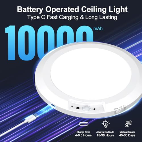 Yunaking Rechargeable Ceiling Light with Motion Sensor: Battery Operated LED Closet Light with Remote & Timing - Wireless Dimmable Magnetic Mount Shower Lamp for Bathroom/Stairs/Garage/Hallway - color: White