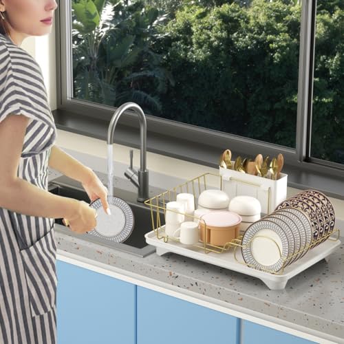 Buruis Dish Drying Rack for Kitchen Countertop, Large Capacity Gold Stainless Steel Dish Drainer with Anti-Slip Rubber Feet, Removable Drain Board and Utensil Holder (White Tray) - color: White Drainer