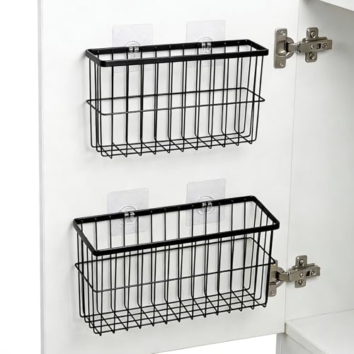 FAMNONE 2 Pack Adhesive Cabinet Door Organizer – 5.9” Deep Lid Organizer for Cabinet, No Drill Wall Mounted Storage Box for Pantry Door, Kitchen & Bathroom Space Saving Organizer