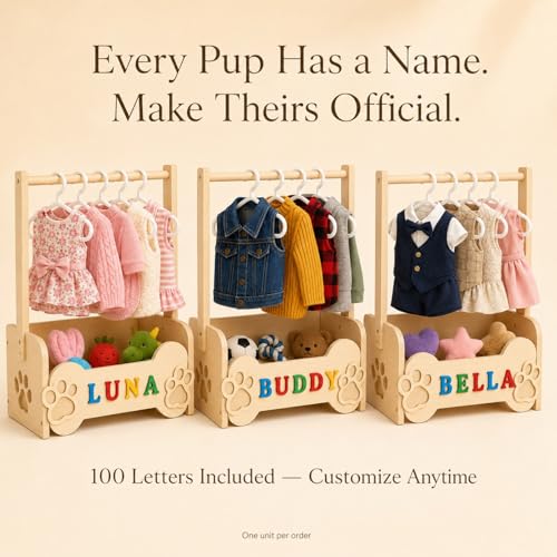 Personalized Dog Wardrobe for Small Dogs – Wooden Clothes Rack with 10 Hangers, DIY Name Plate & Toy Bin | Unique Dog Mom Gift for Chihuahua Yorkie Pomeranian