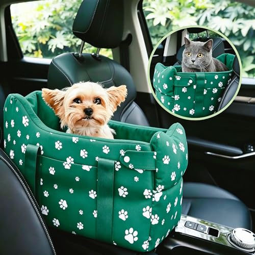 Center Console Dog Car Seat Safe Travel for Small Dogs Under 15 lbs Detachable Washable Pet Carrier with Storage Pockets & Safety Leash (Wilderness Green) - color: Wilderness Green