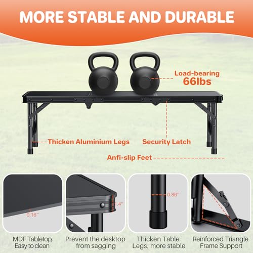 FUNYKICH 3ft Low Folding Camping Table with Carry Bag, 34.2'' Lx15.7'' W Portable Picnic Tables, Lightweight Thicker Aluminum Beach Table with Carry Handle for Beach, Camping, Picnic, Black - color: Black