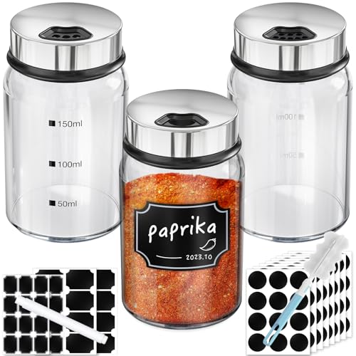 Segarty Glass Spice Jars, 3 Pack 5oz Spice Jars with Label, Empty Spice Containers with Shaker Lids, Seasoning Bottles with 136 Stickers, 1 Marker Pen and 1 Brush, Salt Pepper Shakers Set - size: 5oz / 150ml