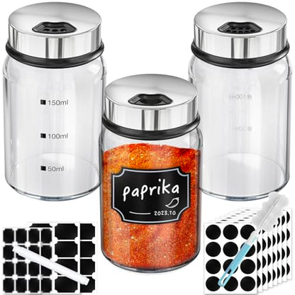 Segarty Glass Spice Jars, 3 Pack 5oz Spice Jars with Label, Empty Spice Containers with Shaker Lids, Seasoning Bottles with 136 Stickers, 1 Marker Pen and 1 Brush, Salt Pepper Shakers Set - size: 5oz / 150ml