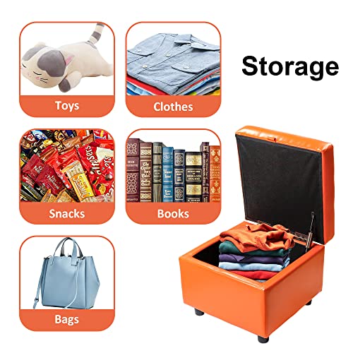 H&B Luxuries Tufted Leather Square Flip Top Storage Ottoman Cube Foot Rest - color: Orange With Storage