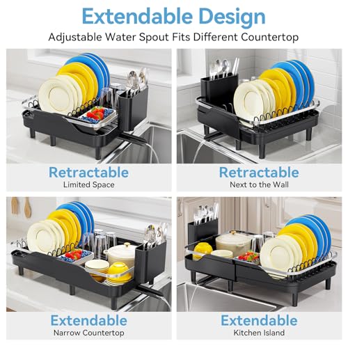 Urackify Dish Drying Rack for Kitchen Counter, Expandable Stainless Steel Dish Racks with Adjustable Water Spout, Space Saving Dish Drainer with Cutlery Holder,16.14"-23.62" L x 12.99" x 8.78",Black - color: Black