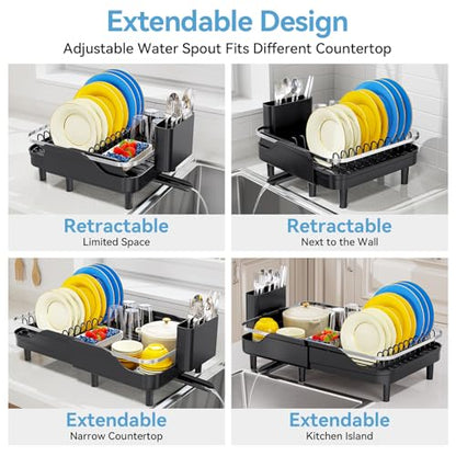 Urackify Dish Drying Rack for Kitchen Counter, Expandable Stainless Steel Dish Racks with Adjustable Water Spout, Space Saving Dish Drainer with Cutlery Holder,16.14"-23.62" L x 12.99" x 8.78",Black - color: Black