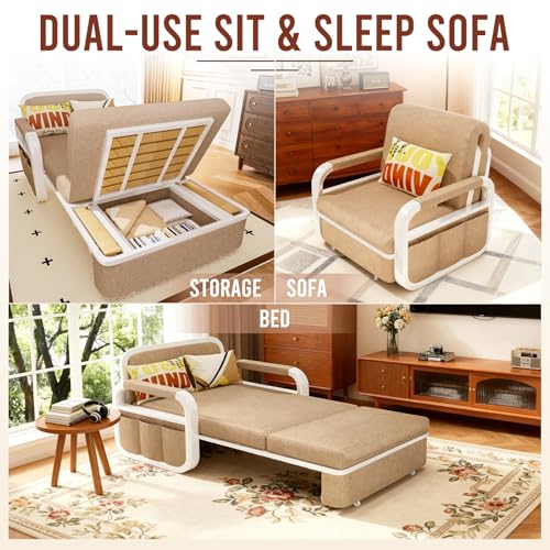 42.5" Pull Out Sofa Bed, 3 in 1 Convertible Sleeper Sofa, Single Loveseat Couch Bed with Storage, Trundle and 2 Pillows for Living Room, Bedroom, Dorm, Office, RV (Saddle Tan) - size: 40"- Single