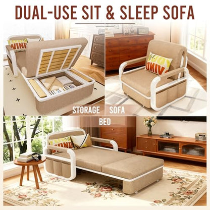 42.5" Pull Out Sofa Bed, 3 in 1 Convertible Sleeper Sofa, Single Loveseat Couch Bed with Storage, Trundle and 2 Pillows for Living Room, Bedroom, Dorm, Office, RV (Saddle Tan) - size: 40"- Single