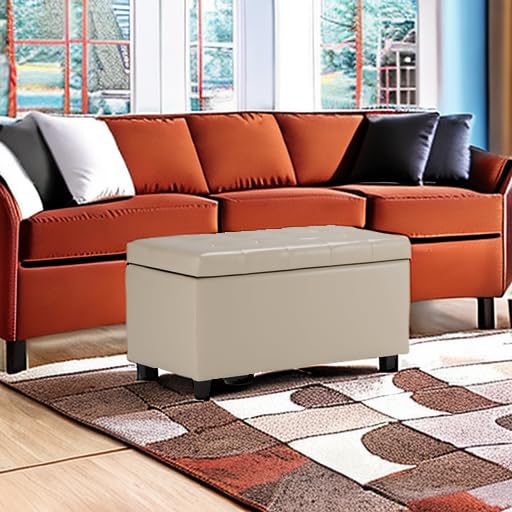 SIMPLIHOME Cosmopolitan Storage Ottoman - 34 inch Wide Upholstered Vegan Leather Rectangle Storage Ottoman Bench in Satin Cream, Transitional Tufted Ottoman for Living Room with Lift-Up Lid - color: Satin Cream