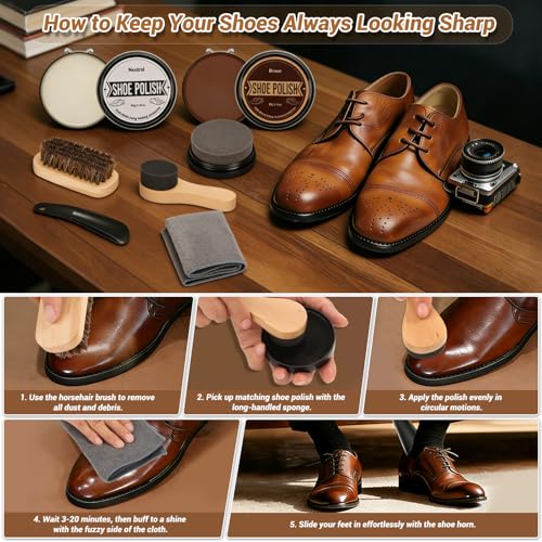 Cruzix Leather Shoe Polish Kit- Shoe Shine Gift for Men with Black Brown Neutral Shoe Polish Horsehair Brush Sponge Cloth - color: 3 Shoe Polish + 5 Tools