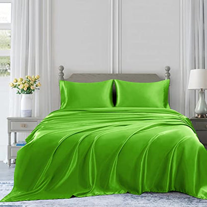 Homiest 3pcs Satin Sheets Set Luxury Silky Satin Bedding Set with Deep Pocket, 1 Fitted Sheet + 1 Flat Sheet + 1 Pillowcases (Twin Size, Lime Green) - color: Lime Green, size: Deep pocket - Twin size