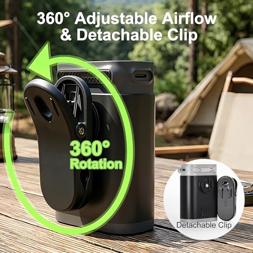 Portable Waist Hip Clip Fan, 0.35lb Ultra-Light Belt Clip Fan, 3000mAh 8Hrs Battery, 4 Speeds, 360° Adjustable with Lanyard & LED Light, Shirt Body Cooling Fan for Workout Camping Travel (Black) - color: Black