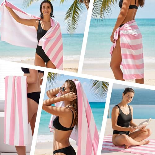 Touchat 4 Pack Beach Towels Cabana Stripe Polyester Lightweight Quick-Dry Swim Pool Towel, 30'' x 60'' Oversized Compact Travel Bath Towel, Camping | Ultra-Portable, Multi-Functional, Pink - color: Pink 4pack