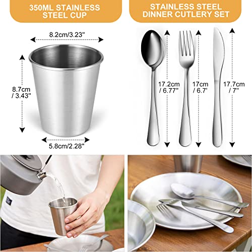 Odoland Stainless Steel Camping Mess Kit for Family & Person, Cooking Tableware Utensils with Plates Bowls Forks Spoons Knives & Savings Bag for Camping, Backpacking, Hiking, Picnic - style: 2 Person Set