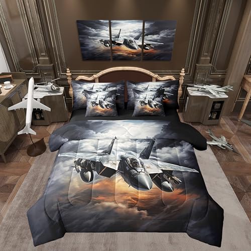 Castle Fairy Vintage Airplane Bedding Twin Size,Kids Aircraft Print Comforter Set Boys Girls Decor,Military 3D Flying Plane Quilt Cover Set,Brown Grey Bed Set with Comforter,Sheet Set,Pillowcases - color: Grey Black, size: Twin