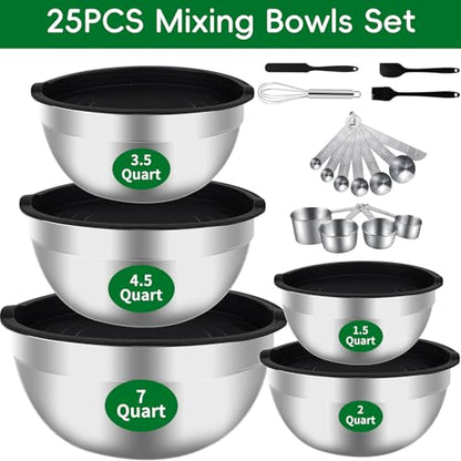 WEPSEN Mixing Bowls Set, 25PCS Stainless Steel Mixing Bowl with Lid Set, Large Nesting Bowls 7, 4.5, 3,2, 1.5QT, Measuring Cups and Spoons Baking Utensils Metal Bowl for Kitchen Prep - color: Black Bowls Set