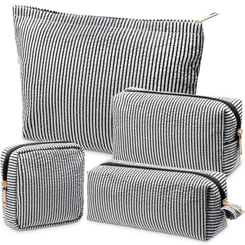 Sanwuta 4 Pcs Seersucker Pouch Cosmetic Bag Set Seersucker Makeup Bag Women Stripe Large Travel Toiletry Organizer Aesthetic Preppy Storage for Embroidery Women Bridesmaid Gifts(Black) - color: Black