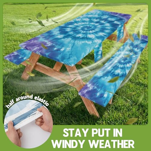Fitted Picnic Table Cover with Bench Covers Vinyl Waterproof Elastic Edges Fitted Rectangle Table Cloth Patio Tablecloth Camping Gear Essentials Rv Accessories Road Trip Supplies Car Travel Must Have - color: Blue Purple Tie-dye, size: 96in