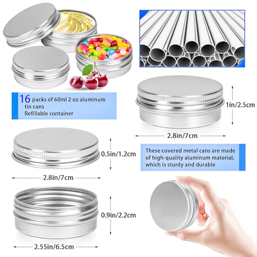 16Pack 2oz Tin Jars, 60ml Metal Tin cans, 2Ounce Aluminum tin can jar Containers with Screw Lid for Lotion Bars, Spices, Salve, Balms, Beard Balm, Toiletries, Creams, Samples, Makeup Cosmetic - color: Silver