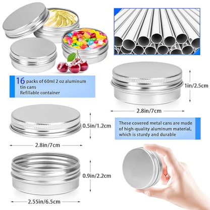 16Pack 2oz Tin Jars, 60ml Metal Tin cans, 2Ounce Aluminum tin can jar Containers with Screw Lid for Lotion Bars, Spices, Salve, Balms, Beard Balm, Toiletries, Creams, Samples, Makeup Cosmetic - color: Silver