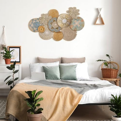 11 Pcs Boho Hanging Wall Basket Decor Handmade Woven Basket Wall Decorative Boho Wicker Baskets Placemats Round Farmhouse Bulrush Art for Rustic Home Decorations Christmas Gift(Bright) - style: Bright