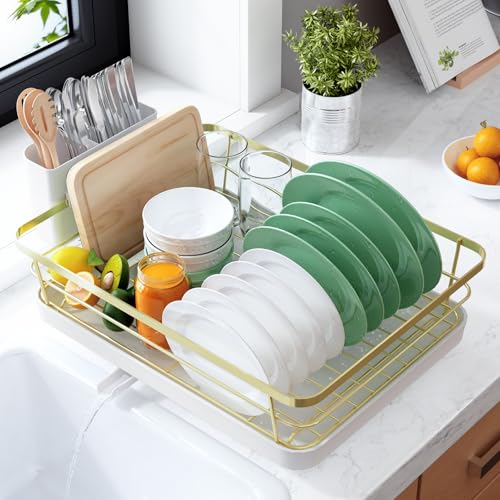 Kitsure Dish Drying Rack for Kitchen Counter, Stainless Steel Sink Organization and Storage Essentials with Cutlery Holder, Home and Appartment Decor, 12''W x 15.5''L, Gold - color: Gold, size: 12''W x 15.5''L - 1 Tier