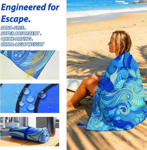 Puomue Microfiber Lightweight Beach Towel, 71 Inch X 32 Inch, Ultra Portable, Sand Free, Quick Dry, Thin and Large Size Towel for Travel, Camping, Swimming (Waves, 71“ X 32”)