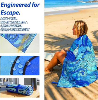 Puomue Microfiber Lightweight Beach Towel, 71 Inch X 32 Inch, Ultra Portable, Sand Free, Quick Dry, Thin and Large Size Towel for Travel, Camping, Swimming (Waves, 71“ X 32”)