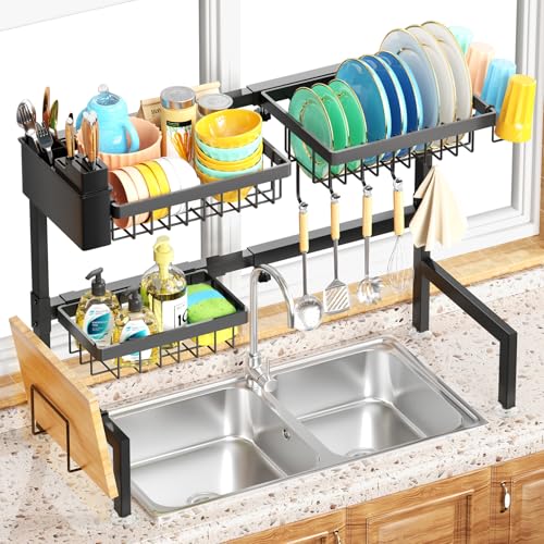 YKLSLH Over The Sink Dish Drying Rack 2 Tiers, for All Sinks (26.57"-35"),Expandable Large Capacity Sink Rack, Metal Drying Rack for Kitchen and Family Use - color: Black, size: 2 tiers 3 baskets