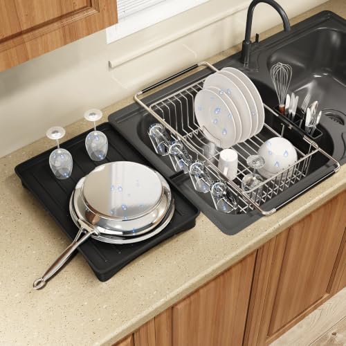 MAJALiS Dish Drying Rack Over The Sink with Utensil Holder, Drainboard | Expandable Stainless Steel Dish Drainer for Small Kitchen, Apartment, RV, Counter Space Saving, Perfect Fit, Rustproof - color: Silver, size: For 11.5"-16" W Sink with Cup Holder & D