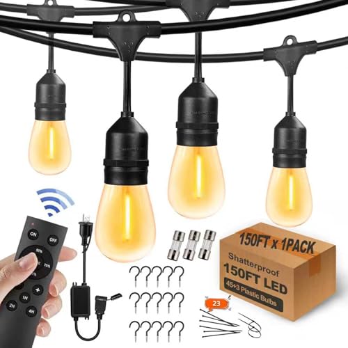 150FT String Lights for Outside Remote Controlled Waterproof with 48pcs Replaceable S14 Warm Bulbs for Patio, Gazebo, Pergola, Backyard Bistro Lights, 2200K, Linkable, 1-Pack - size: 150 feet(1Pack, Remote)