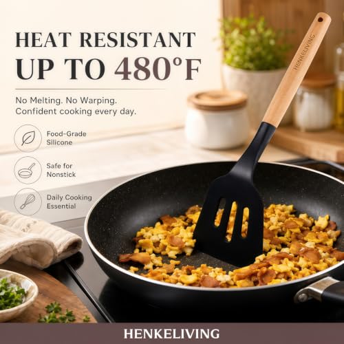 Silicone 10 Pcs Kitchen Cooking Utensils Set, Recycled Materials Certification, BPA Free Spatula Set with Heat Resistant Wood Handles for Nonstick Cookware, Black - color: Black