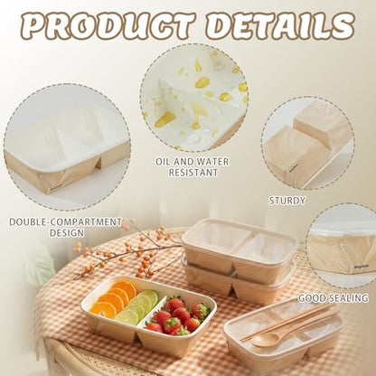 8 Pack 32oz Paper Lunch Box Bento Boxes, 2-Compartment Food Storage Containers with Lids, Leakproof Soak-Proof Microwave Safe, Disposable To Go Boxes for Picnic Office Catering, Transparent Lid - color: Transparent