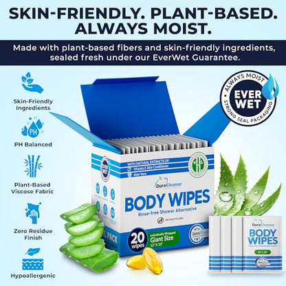 Body Wipes for Adults Bathing No Rinse - 20 Count Travel Shower Wipes - 10 x 10" Individually Wrapped Thick Cleansing Waterless Wash Scrubs - Disposable Washcloths for Camping & Elderly Incontinence - size: 20 Count (Travel Size)