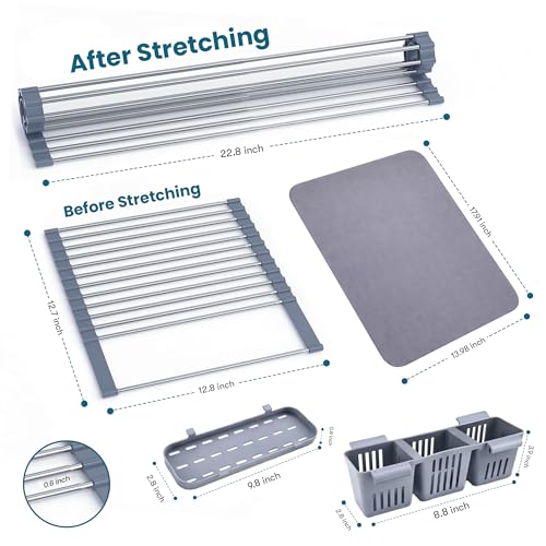 Havenity™ Expandable Roll Up Dish Drying Rack with Drying Mat - Adjustable Up to 22.75" with 2 Free Attachments & 2 Removable Baskets, 304 Stainless Steel Over The Sink Dish Drying Rack Cover Kitchen - size: Dish Drying Rack Combo