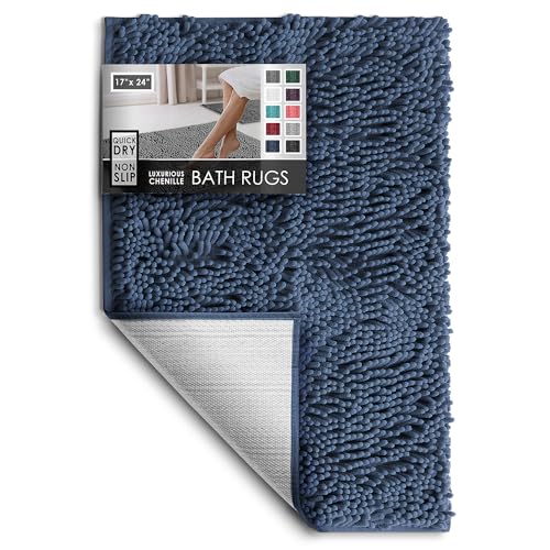 Hearth & Harbor Bathroom Rugs, Chenille Bath Mat - Machine Washable Bath Mats for Bathroom Non-Slip Backing Rubber, Quick Dry Bathroom Mat - color: Navy Blue, style: 17 x 24