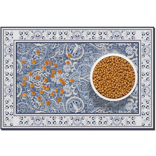 Blue Floral Pet Feeding Mat, Absorbent Dog/Cat Food Mat for Food and Water Bowl, Non-Slip Quick Dry Pet Placemat Floor Protector for Messy Drinkers(16 x 24 in) - color: Blue Floral, size: 16"L x 24"W
