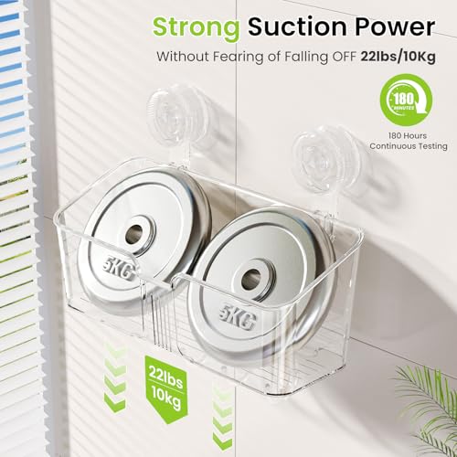 LUXEAR Shower Caddy Suction Cup, No Drilling Strong Hold Shower Organizer with Hooks & Soap Dish Fast Draining Removable Reusable Bathroom Storage Shelf Friendly for Bathroom/Kitchen/RV 22LBS Capacity - color: Clear