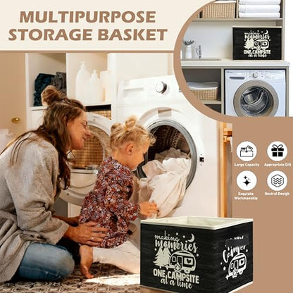 Rustic Camping Camper Storage Bin Box with Handles, Making Memories One Campsite at a Time Foldable Linen Fabric Laundry Basket for Home Bedroom Bathroom Clothes Toys Books(Black) - color: Black